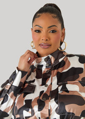 Belted Camo Print Satin Jacket Olive | Ashley Stewart