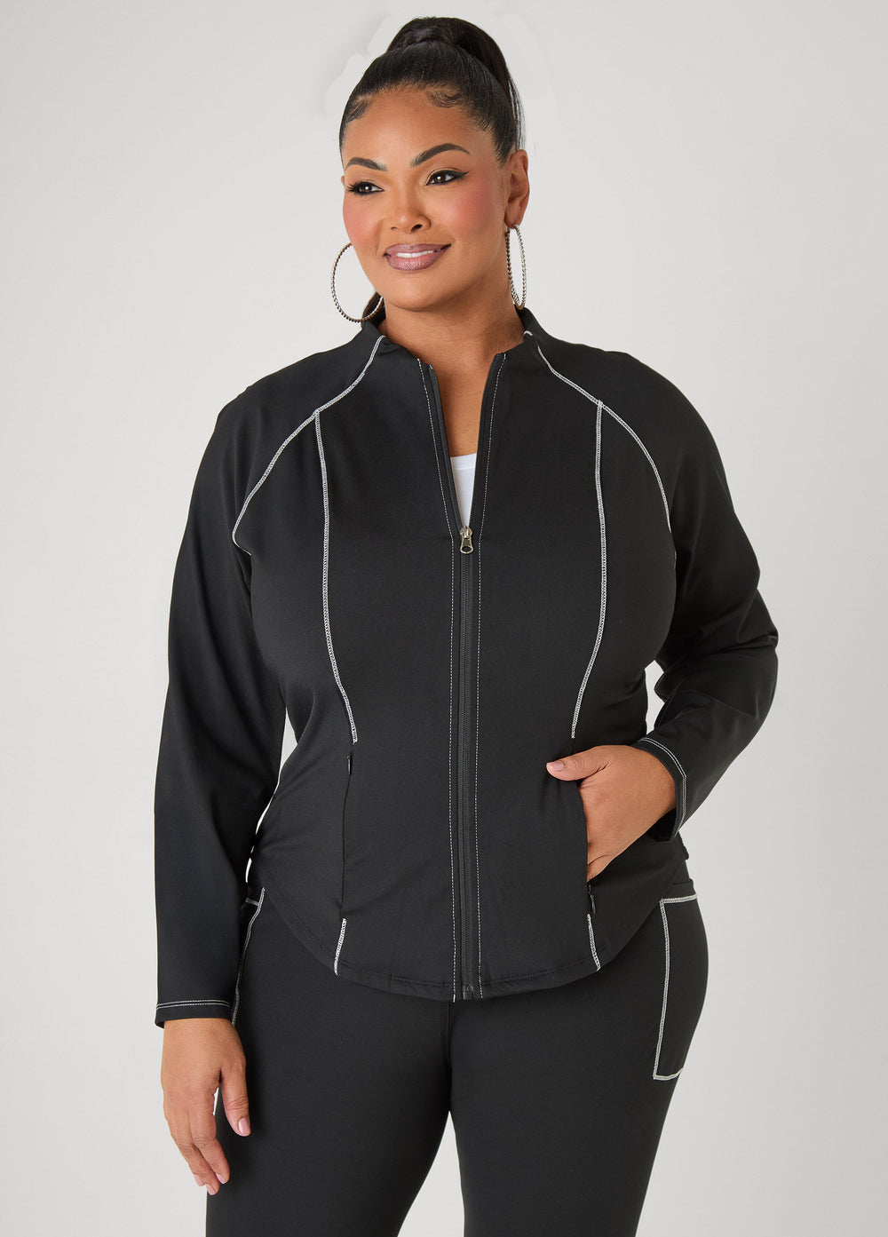 Piped Zip Front Track Jacket Black White | Ashley Stewart