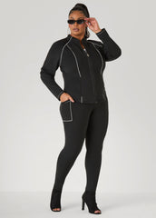 Piped Zip Front Track Jacket Black White | Ashley Stewart
