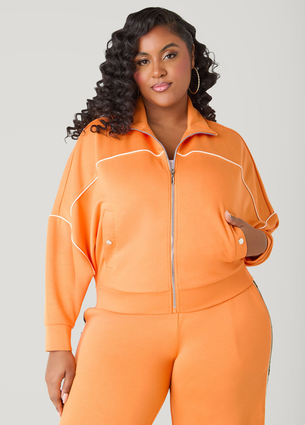 Piped Jersey Track Jacket Orange Ochre | Ashley Stewart