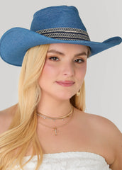 Chevron Trimmed Denim Cowboy Hat Denim | Ashley Stewart