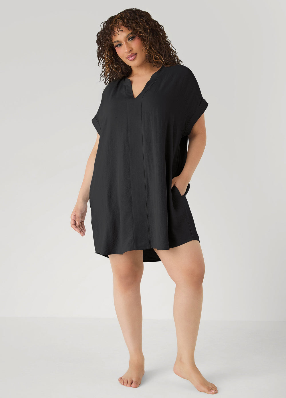 V Neck Textured Sleepshirt Black | Ashley Stewart