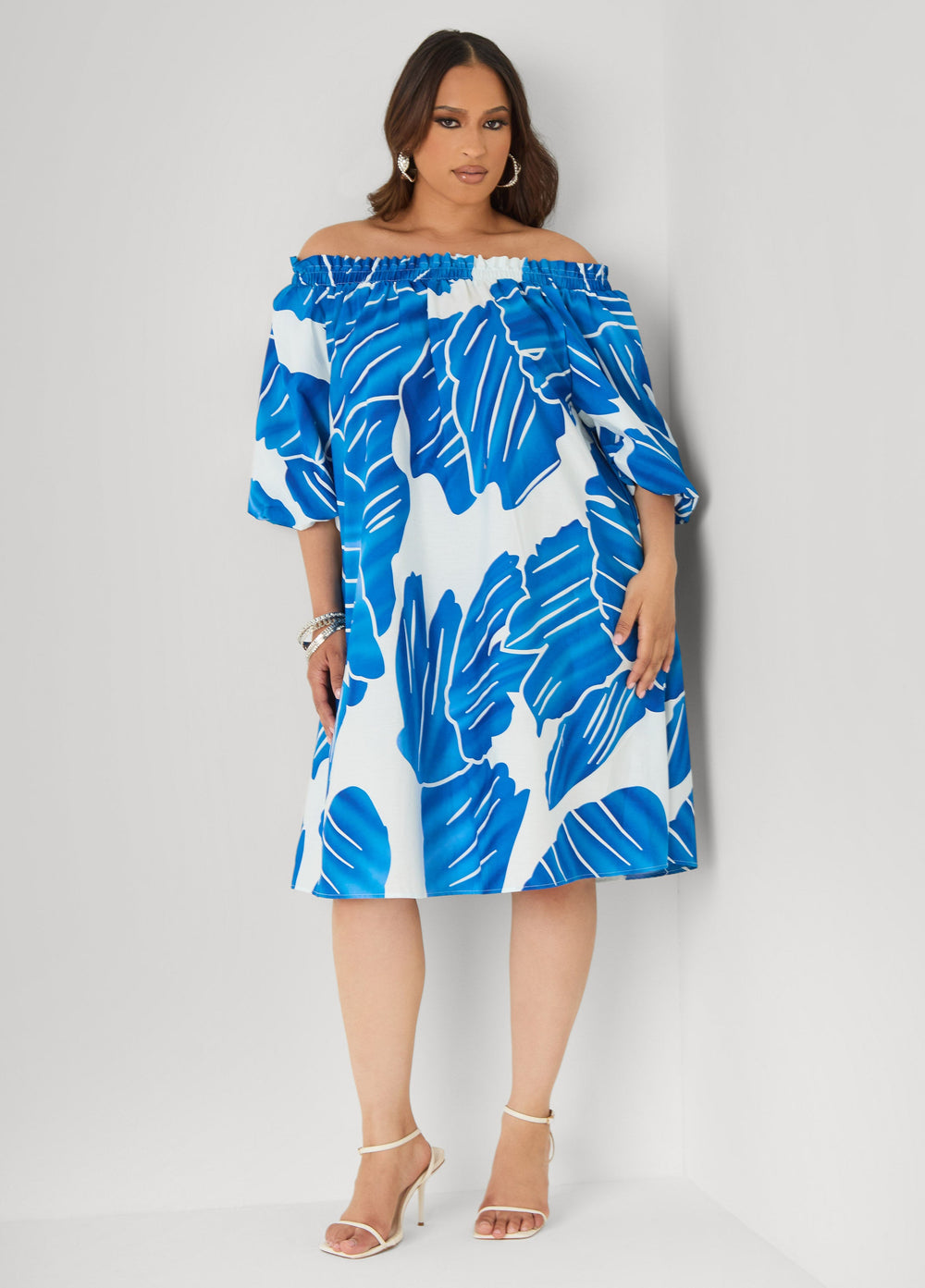Off The Shoulder Leaf Print Dress Victoria Blue | Ashley Stewart