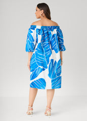 Off The Shoulder Leaf Print Dress Victoria Blue | Ashley Stewart