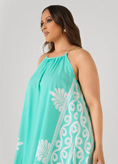Chain Trimmed Scroll Print Dress LT DENIM | Ashley Stewart