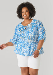 Beaded Leaf Print Peplum Blouse Victoria Blue | Ashley Stewart