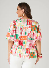 Island Print Bubble Sleeve Top Multi | Ashley Stewart
