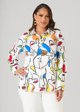 Face Print Collared Shirt White | Ashley Stewart