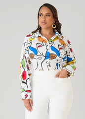 Face Print Collared Shirt White | Ashley Stewart