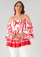 Cold Shoulder Printed Satin Blouse Poinsettia | Ashley Stewart