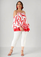Cold Shoulder Printed Satin Blouse Poinsettia | Ashley Stewart