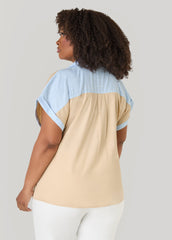 Striped Paneled Cotton Shirt Beige | Ashley Stewart