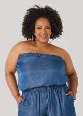 Plus Size Bubble Tube Top | Strapless Cropped Bandeau in Sage, Chambray & Beige Indigo | Ashley Stewart