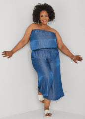 Plus Size Bubble Tube Top | Strapless Cropped Bandeau in Sage, Chambray & Beige Indigo | Ashley Stewart