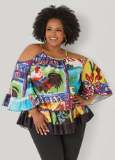 Printed Satin Cold Shoulder Blouse Multi | Ashley Stewart