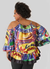 Printed Satin Cold Shoulder Blouse Multi | Ashley Stewart