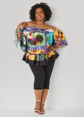 Printed Satin Cold Shoulder Blouse Multi | Ashley Stewart