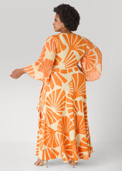 Pleated Sleeve Tropical Wrap Dress Persimmon Orange | Ashley Stewart