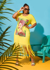 Tropical Fringed T Shirt Dress Primrose Yellow | Ashley Stewart