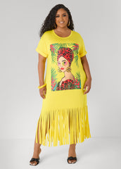 Tropical Fringed T Shirt Dress Primrose Yellow | Ashley Stewart