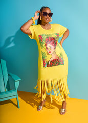 Tropical Fringed T Shirt Dress Primrose Yellow | Ashley Stewart