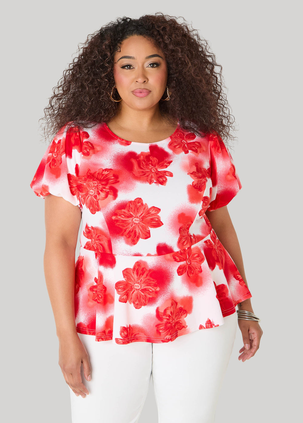 Floral Print Peplum Top Calypso Coral | Ashley Stewart