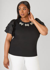 Ruffled Embellished Jersey Tee Black | Ashley Stewart