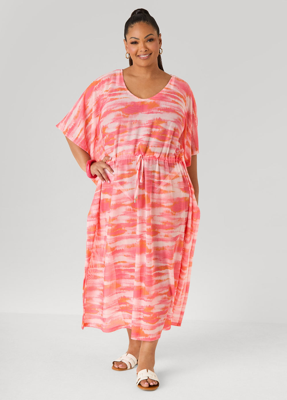 Printed Mesh Kaftan Calypso Coral | Ashley Stewart