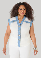 Denim Trimmed Cotton Shirt White | Ashley Stewart