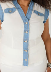 Denim Trimmed Cotton Shirt White | Ashley Stewart