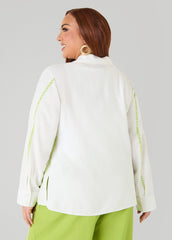 Leaf Print Linen Blend Shirt White | Ashley Stewart