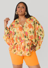 Pleated Floral Print Blouse Yellow | Ashley Stewart
