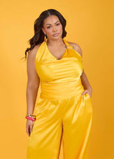 Embellished Satin Halter Top Spectra Yellow | Ashley Stewart