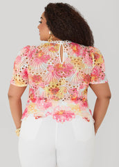 Floral Print Crochet Lace Top Calypso Coral | Ashley Stewart