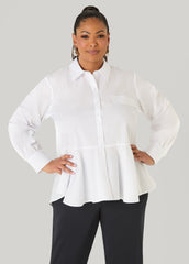 Peplum Poplin Shirt White | Ashley Stewart