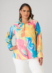 Watercolor Print Collared Shirt Multi | Ashley Stewart