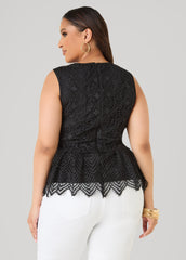 Guipure Lace Peplum Top Black | Ashley Stewart