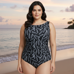 InstantFigure Feathers High Neck Swimsuit Black White | Ashley Stewart