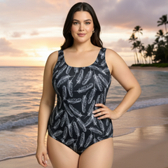 InstantFigure Feathers Scoop Back Swimsuit Black White | Ashley Stewart