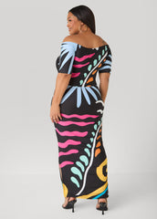 Tropical Off The Shoulder Dress Black Combo | Ashley Stewart