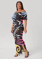 Tropical Off The Shoulder Dress Black Combo | Ashley Stewart