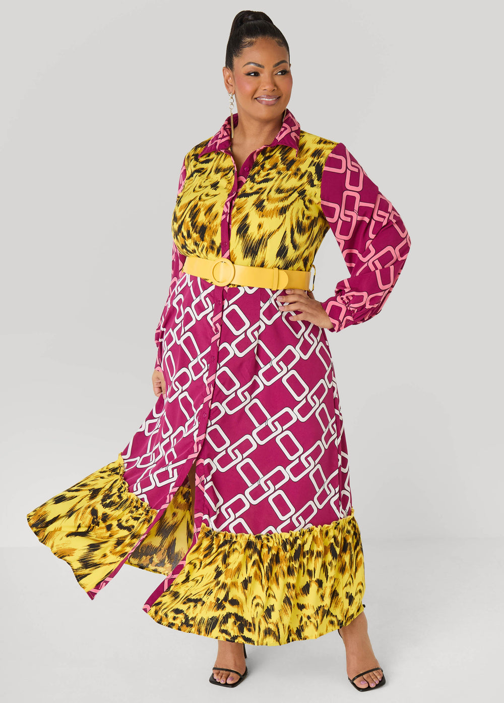 Belted Printed Maxi Shirtdress Multi | Ashley Stewart