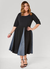 Denim Paneled A Line Dress Black | Ashley Stewart