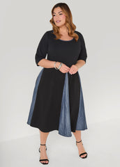 Denim Paneled A Line Dress Black | Ashley Stewart