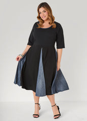 Denim Paneled A Line Dress Black | Ashley Stewart