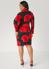 Rose Print Faux Wrap Dress Black Combo | Ashley Stewart