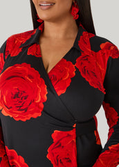 Rose Print Faux Wrap Dress Black Combo | Ashley Stewart