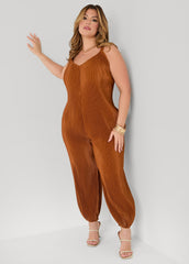 Plisse Satin Balloon Leg Jumpsuit Caramel Cafe | Ashley Stewart