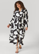 Button Detail Geo Maxi Shirtdress Black White | Ashley Stewart