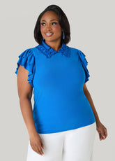 Eyelet Paneled Stretch Knit Top Victoria Blue | Ashley Stewart